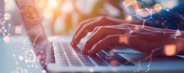Person typing an email to an international client on a laptop, global communication, business connect