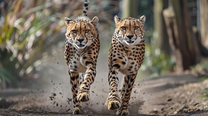 Fototapeta premium two large cheetah walking down a dirt road