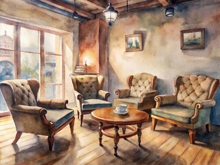 Cozy coffee shop interior with worn wooden tables, plush armchairs, and rustic decor, featuring a prominently displayed loyalty card on a bulletin board.