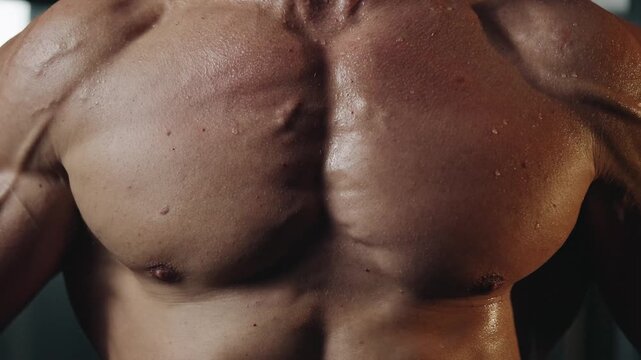 Slow motion closeup of a sweaty Caucasian bodybuilder working his pecs standing