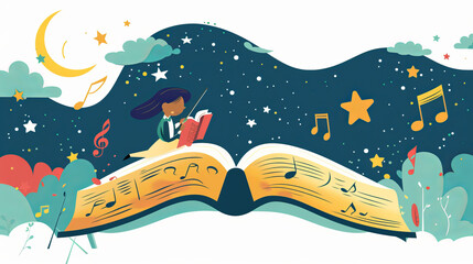 Naklejka premium An illustration of a girl reading a book in a fantasy world. A magical scene unfolds above the open book: the starry sky, the moon, musical notes and clouds create an atmosphere of magic and imaginati