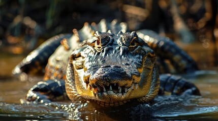 a close up of an alligator in a body of water