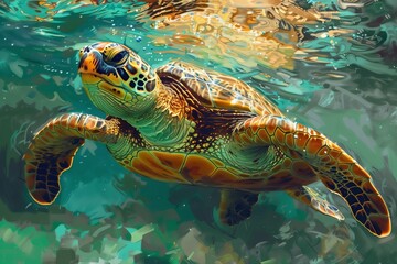 Obraz premium Colorful Swimming Turtle Closeup Tropical Blue Waters Generative Illustration