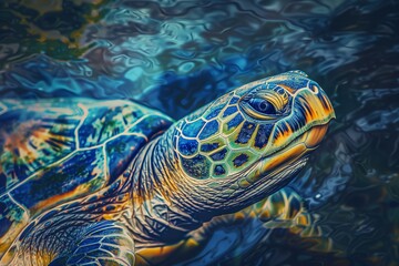 Colorful Swimming Turtle Closeup Tropical Blue Waters Generative Illustration