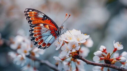 Obraz premium Butterfly resting on a blossoming cherry branch, capturing the delicate beauty of nature in spring.
