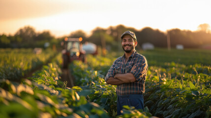 young man standing confidently at agriculture field with tractor