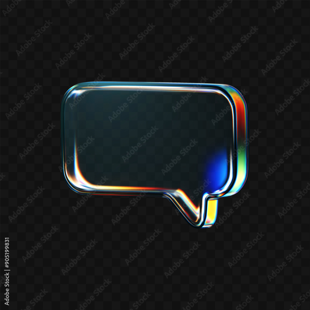 Fototapete 3d glass speech bubble icon with refraction and holographic effect isolated on dark background. rend
