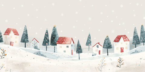 Fototapeta premium Winter village with snow covered houses and trees. Watercolor illustration for festive holiday design, greeting card, banner, and poster.