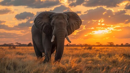 Naklejka premium a large elephant walking through a grass covered field