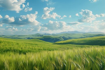 Obraz premium Rolling Green Hills Under a Blue Sky with Fluffy White Clouds