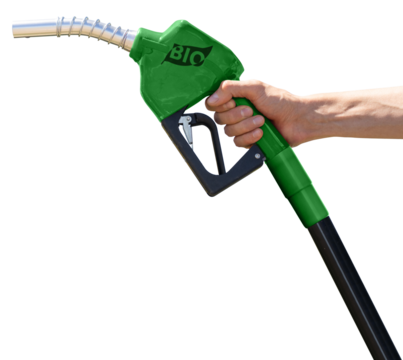 Hand with green refueling nozzle with the inscription BIO	