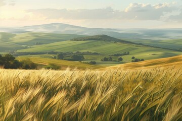 Obraz premium Golden Wheat Field in Rolling Hills at Sunset
