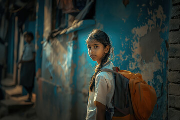 Naklejka premium indian school girl with backpack