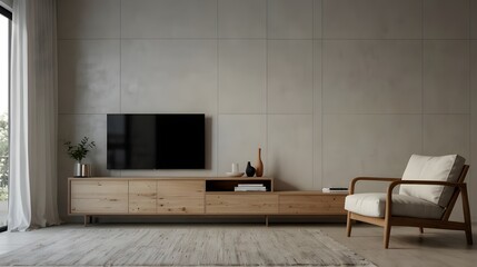 Simple living room decor with a wooden TV cabinet and white walls as the backdrop