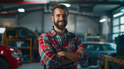Fototapeta premium Smiling mechanic garage worker in modern garage in background