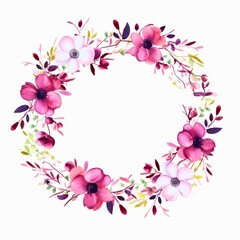 Fototapeta premium A beautiful, hand-painted floral wreath featuring pink and purple flowers, perfect for invitations and decorative designs.