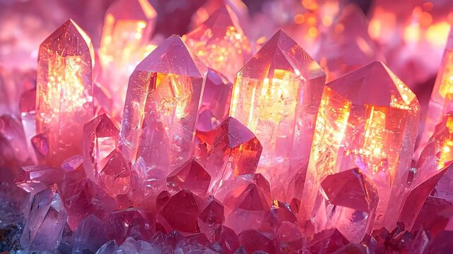 Radiant pink quartz crystals shimmering in soft light