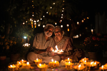 Obraz premium senior couple celebrating diwali festival