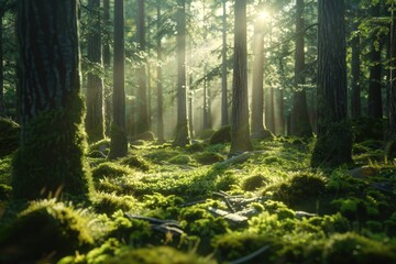 Fototapeta premium Sunbeams Filtering Through a Mossy Forest Floor