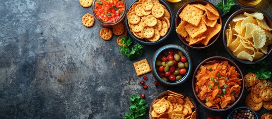 Variety of Snacks in Bowls on a Rustic Background