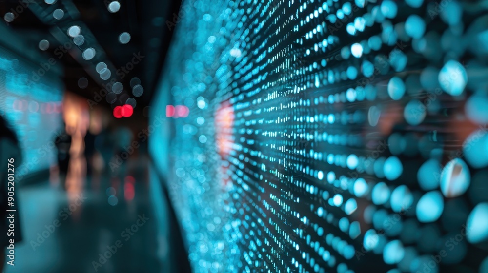 Aufkleber an abstract, illuminated blue wall filled with data points giving an artistic representation of data