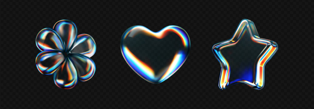 3d glass icon - heart, star, flower with refraction and holographic effect isolated on dark background. Render transparent glass shape with dispersion light, rainbow gradient. 3d vector morphism