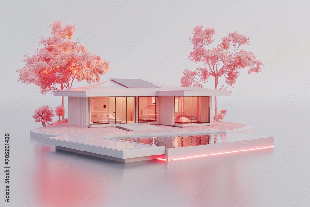Poster conceptual model of a minimalist modern home, emphasizing clean lines and a clutter-free environment