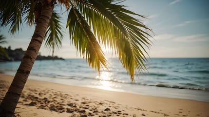 Gorgeous palm leaf with a blurred background and sunshine on a tropical beach Concept of summer trip and vacation with retro filter