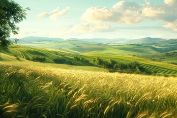 Obraz premium Rolling Hills with Wheat Field and Blue Sky