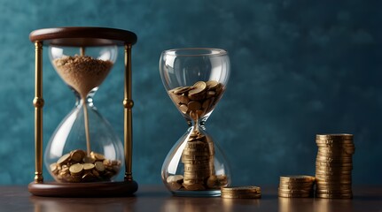Long-term investment conc., hourglass with coins on a blue backdrop