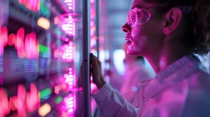 An individual in a white coat is exploring a server room with vibrant neon lights, showcasing a high-tech environment filled with servers, reflecting modern technological advancements.