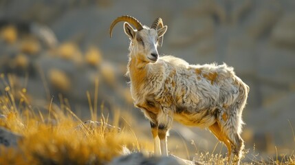 a mountain goat standing on top of a grass covered hillside
