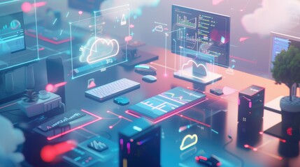 Cloud computing concept showing data flowing between devices on a desktop, with glowing icons and lines representing connections and processing power