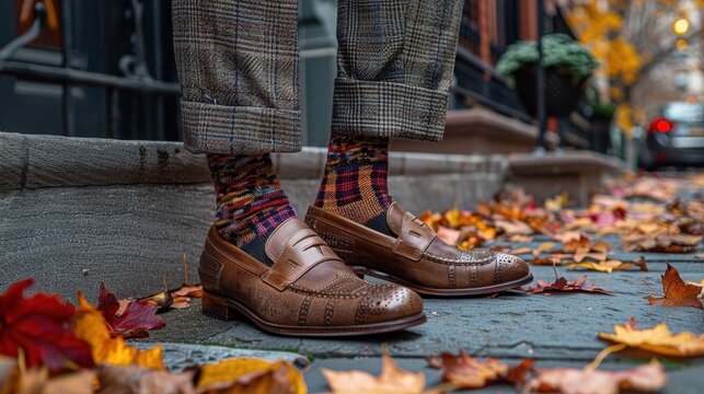 An autumn scene featuring a person standing on a leaf-covered path, wearing patterned socks and brown loafers, exuding a blend of style and comfort amidst fallen leaves.