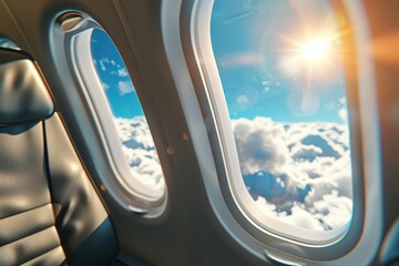 Fototapeta premium Airplane interior with many windows and seats in a row. Ai Generative
