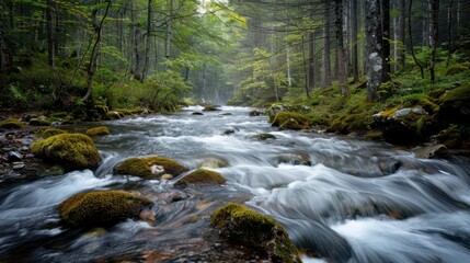 Obraz premium River cascading from a wild forest, moss-covered rocks in the foreground, creating a serene and natural setting.