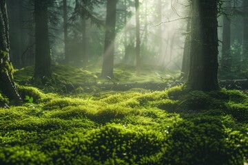 Obraz premium Sunbeams Illuminating a Moss-Covered Forest Floor