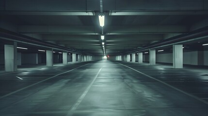 A large, empty parking garage with a long, straight road running through it. The road is lit up, creating a sense of emptiness and isolation 