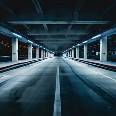 Obraz premium A large, empty parking garage with a long, straight road running through it. The road is lit up, creating a sense of emptiness and isolation 