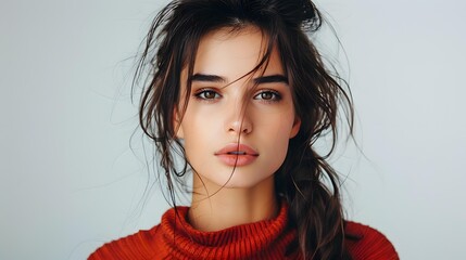 portrait of a beautiful young woman with brown hair and brown eyes wearing a red sweater