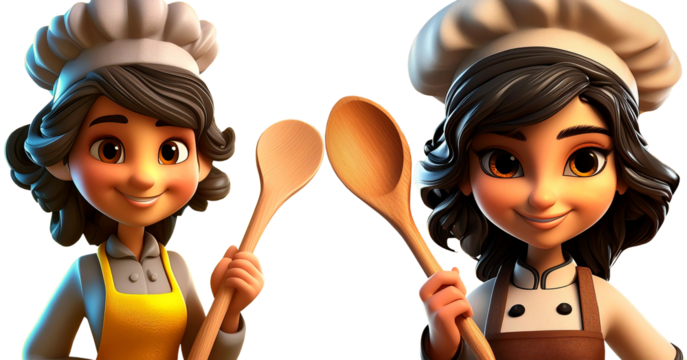 3D cartoon character of a female chef, holding a wooden spoon, looking at camera. Isolated on white or transparent background, png. Generative Ai.