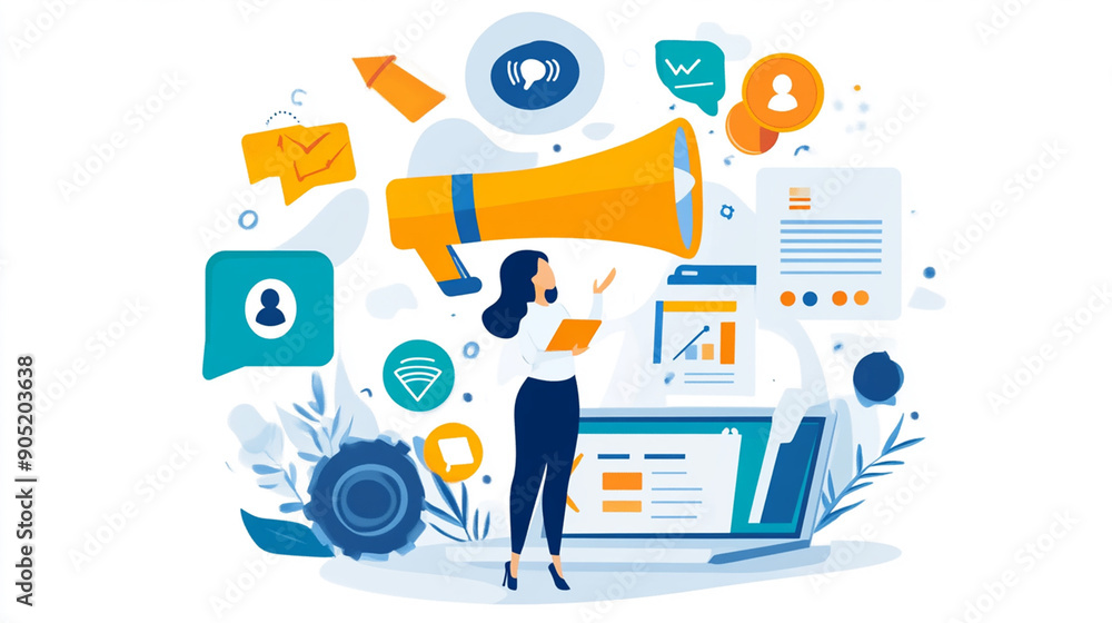 Wall mural illustration of a business card design with various icons and symbols, featuring flat vector style a
