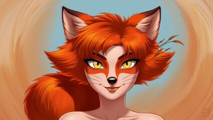 A striking animated female character with fox features, showcasing vibrant orange fur and captivating yellow eyes against a soft background.