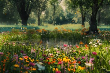 Fototapeta premium Lush Green Forest with Pond and Blooming Wildflowers