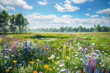 Fototapeta premium Vibrant Wildflower Meadow Under a Sunny Blue Sky