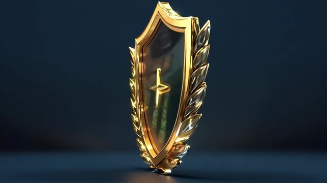 Spinning golden shield with reflections on blue background