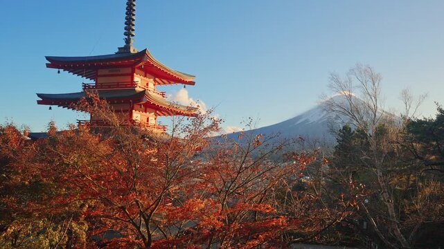 Mount Fuji view at Chureito Pagoda in Autumn season, Mt Fujisan in Arakurayama Sengen Park, Yamanashi, Japan. Landmark for tourists attraction. Japan Travel, Destination, Vacation and Mount Fuji Day