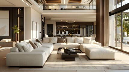 Light color interior of modern living room and kitchen with comfortable sofa, armchair, coffee table,Interior design of modern living sofa room,A living room filled with furniture and a large window