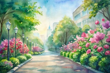 Fototapeta premium Vibrant blooming flowers and lush greenery line empty city streets on a sunny spring day, inviting exploration and discovery, capturing sense of adventure.