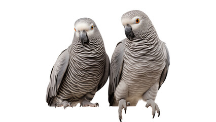 Fototapeta premium Two beautiful African grey parrots. Wildlife photography clip out.